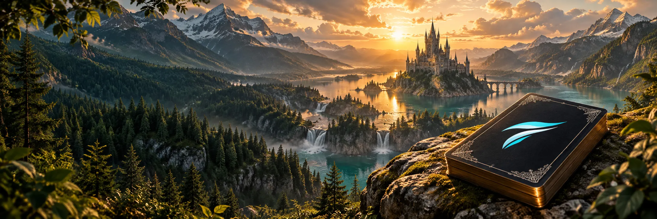 A castle on a lake at sunset, with a Tamers Online card deck resting on a mossy ledge.